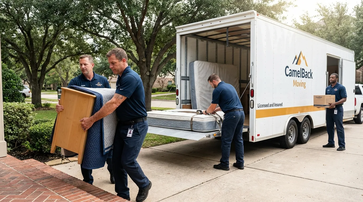 Crew loading residential truck for cross-state move from Lodi, CA