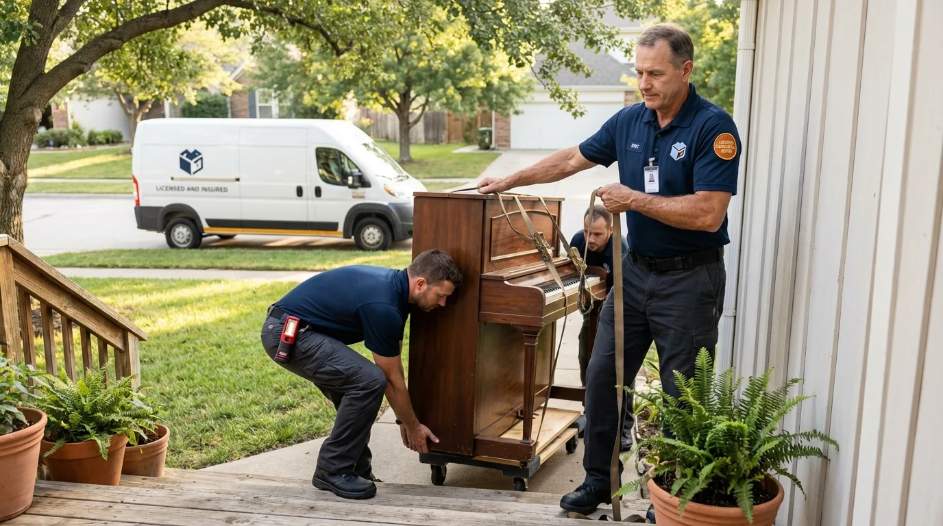 Licensed piano movers securing grand piano in Lodi, CA