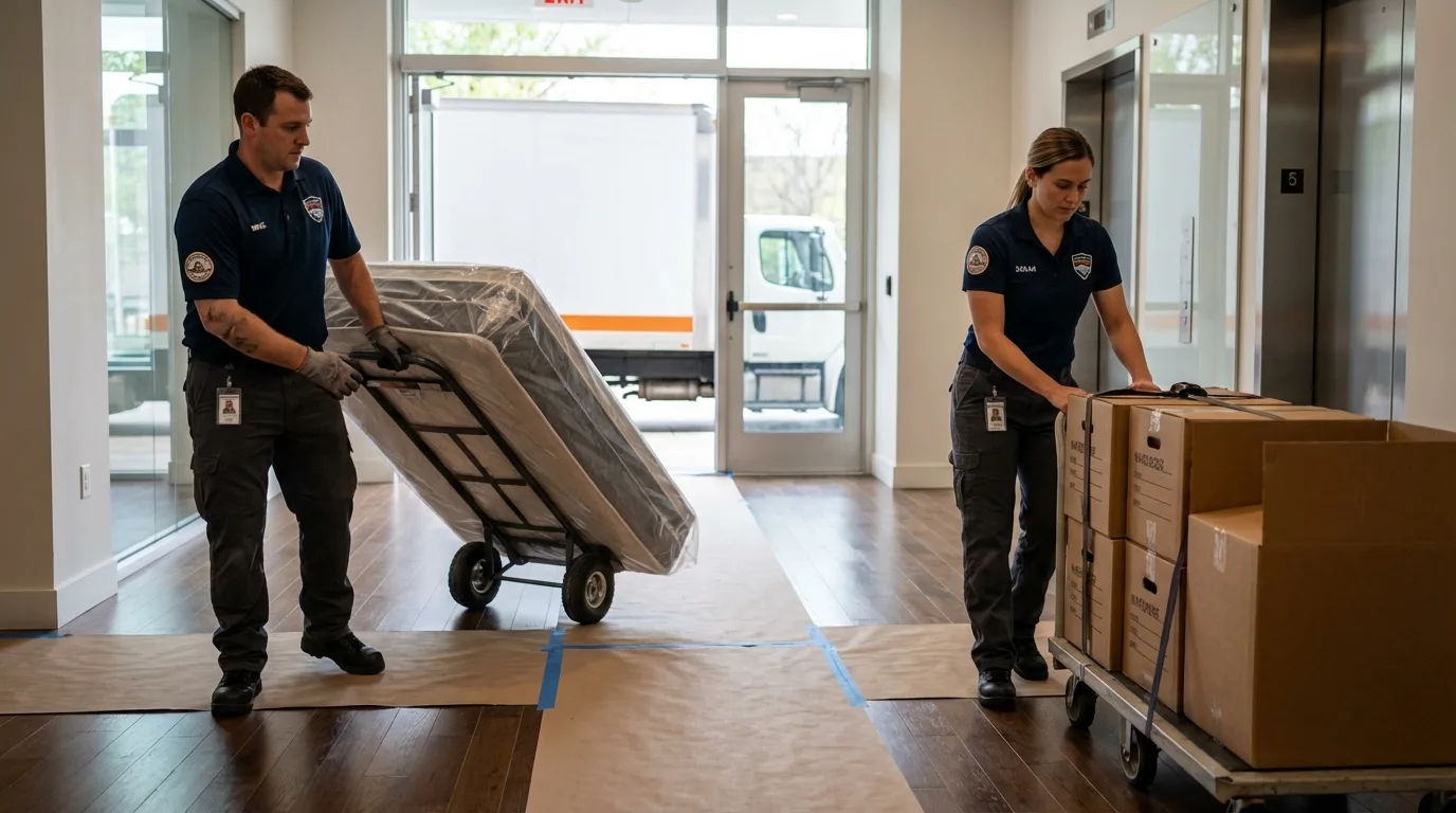 Professional apartment movers loading elevator in Lodi, CA
