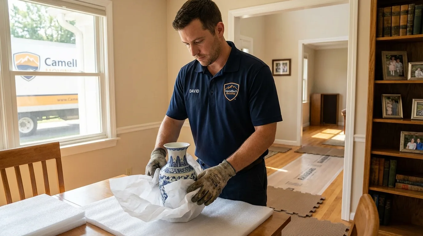 Professional crew carefully wrapping antique vase for senior downsizing move in Lodi, CA